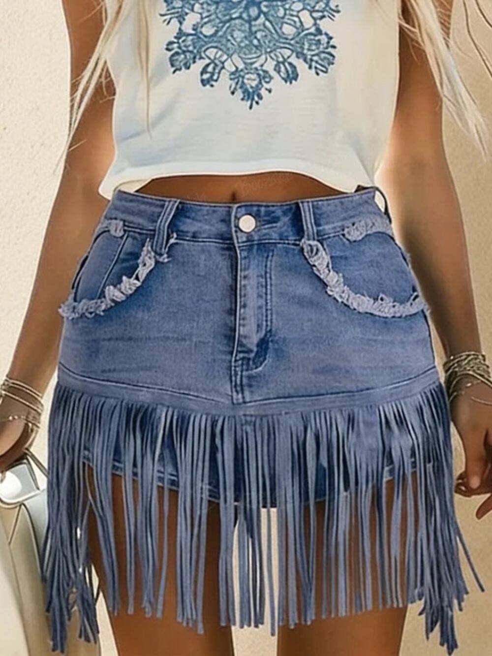 NWT! Oyrosy Vintage Wash Raw Edge Tassel Denim Culottes Womens Size M